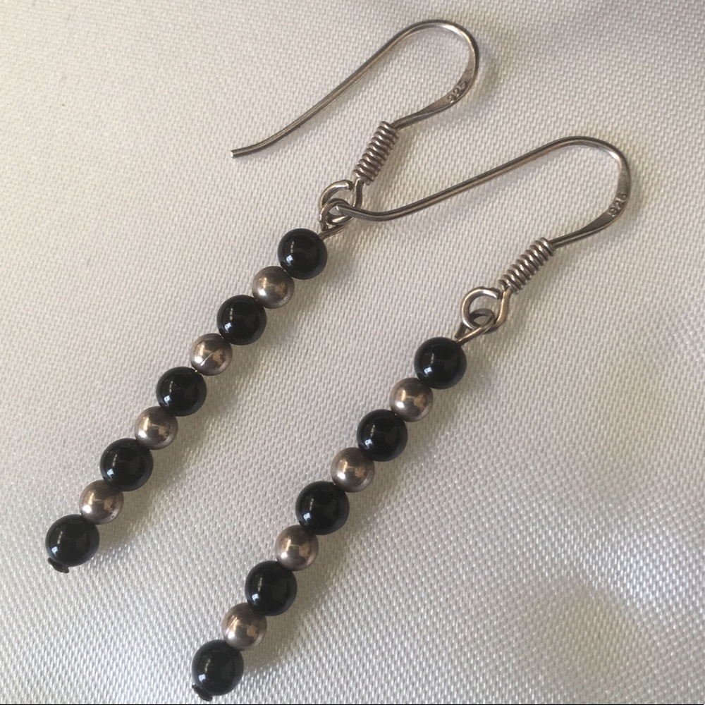 Silver 925 and Black Bead Earrings. Darling!